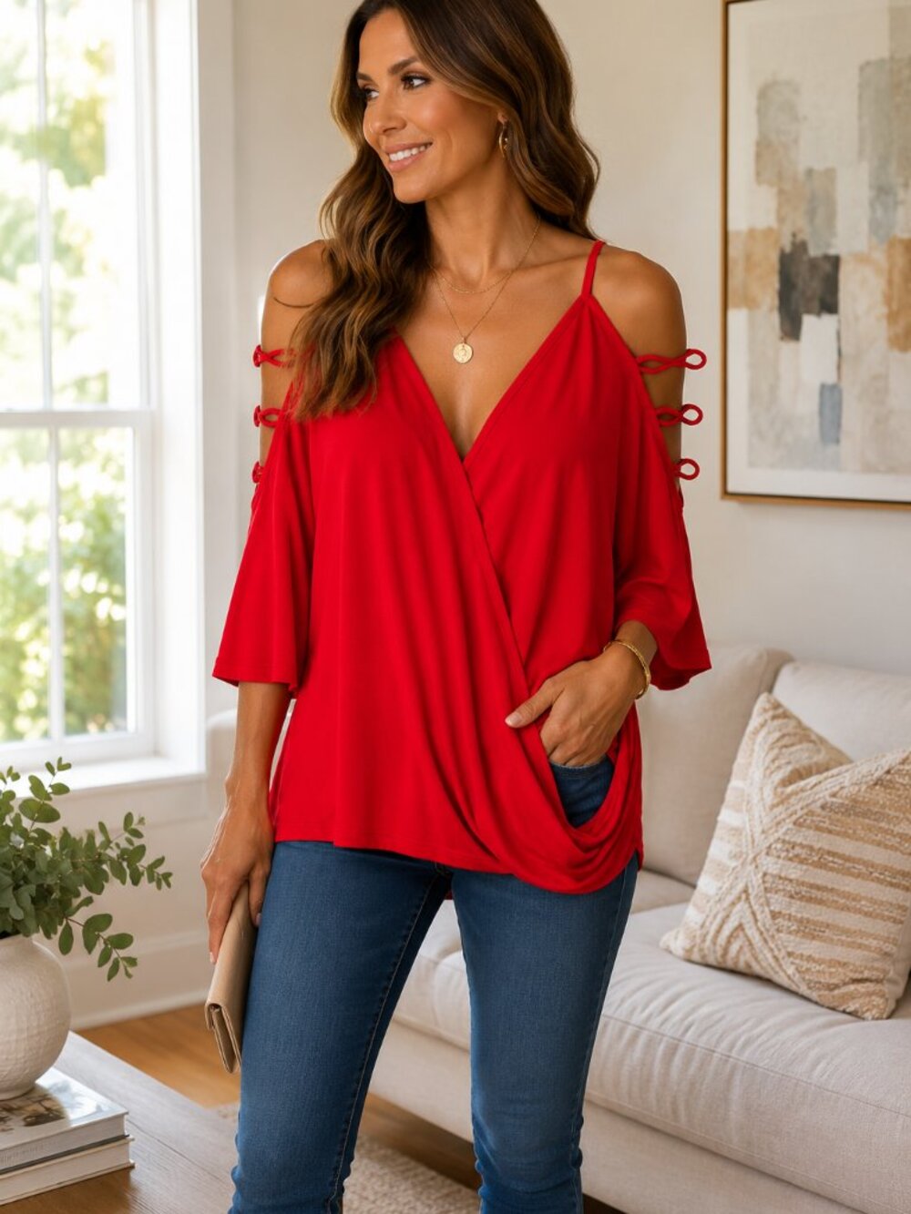 Women’s XL Red VENUS Wrap Front Cold Shoulder 3/4 Sleeve Blouse Top